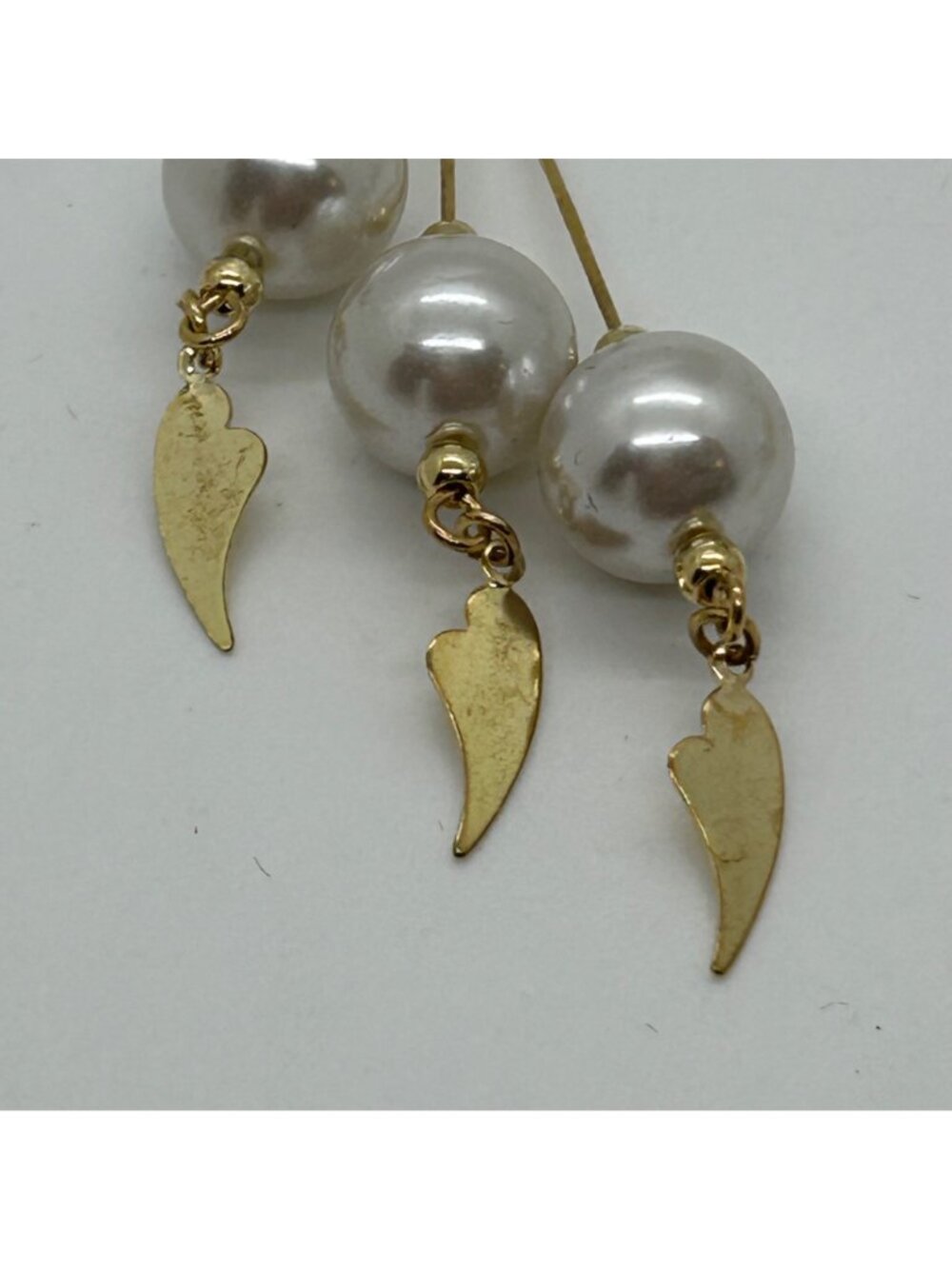 Vintage Gold--tone Faux Pearl Dangle Earrings With Leaf Charms Statement 3.25 in - Picture 4 of 14